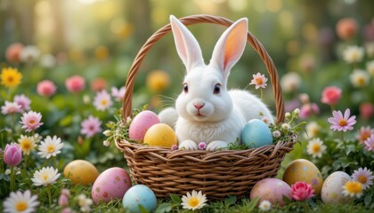Cute White Rabbit in a Basket Surrounded by Colorful Easter Eggs Among Flowers in Spring Garden