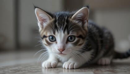 Curious Young Kitten with Blue Eyes Crouching Playfully on a Wooden Floor in a Cozy Home Environment