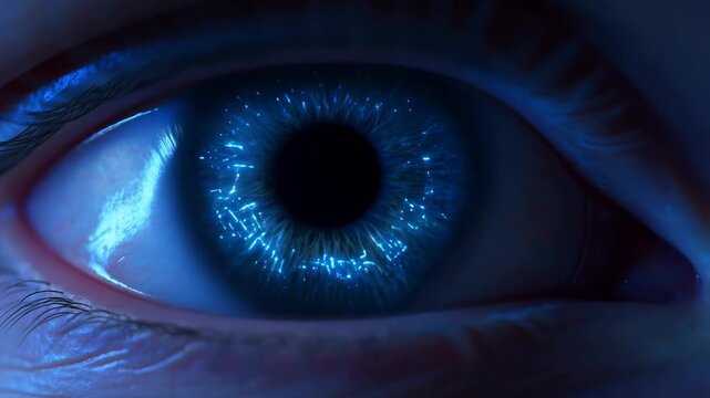 A close-up video of a human eye with a blue iris and a futuristic glow