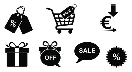 Black shopping icons including tags carts gifts and sale symbols a dramatic silhouette