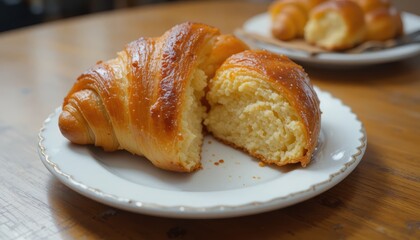 Freshly Baked Golden Croissant Halves on a White Plate Resting on a Wooden Table