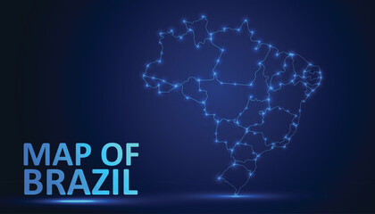 Low Poly Digital Map of Brazil with Neon Glowing Connections