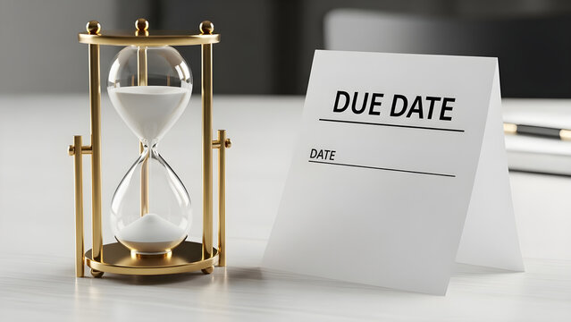 Vintage hourglass and due date card on white desk, creating a professional atmosphere - Powered by Adobe