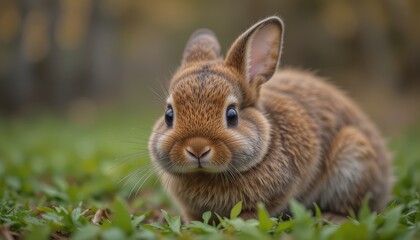 Fototapeta premium Closeup Portrait of a Cute Brown Rabbit Sitting on Green Grass in a Natural Outdoor Setting