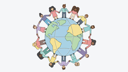 Diverse Group of People Holding Hands Around Earth Globe Illustration