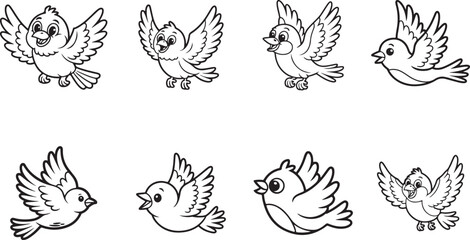 Cute Flying Birds Vector Set, hand drawn birds icon, bird drawing pack.