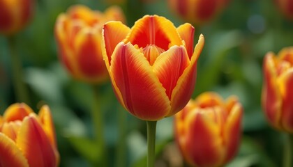 Vibrant Orange and Red Tulip Blooming Among Lush Green Foliage in a Serene Garden Setting