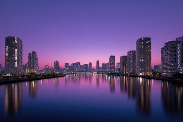 Naklejka premium City skyline reflects in calm river at dusk, bathed in vibrant pink and purple hues