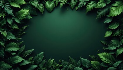 Lush Green Leaves Forming a Natural Frame on a Dark Green Background for Botanical Design