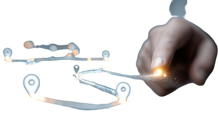 human hand drawing glowing digital route with locations pin and light trail technology navigation illustration isolated on white background