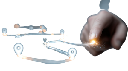 human hand drawing glowing digital route with locations pin and light trail technology navigation illustration isolated on white background