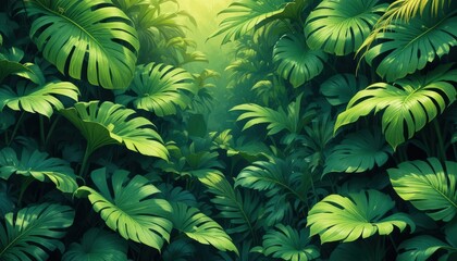 Lush Green Foliage in a Tropical Jungle with Sunlight Filtering Through Dense Leaves