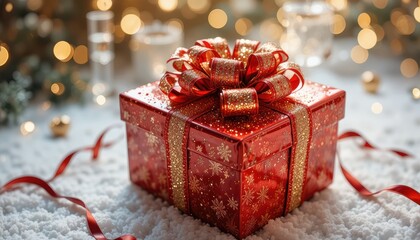 Decorative Red Gift Box with Glittering Ribbon Surrounded by Holiday Lights and Winter Atmosphere