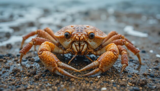 Close-Up of a Brown Crab on Sandy Shoreline with Waves in Background