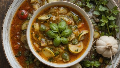 Delicious Vegetable Soup with Fresh Basil and Garlic in a White Bowl on Rustic Wooden Table