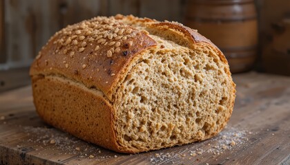 Freshly Baked Wholegrain Bread Loaf with Crusty Texture on Rustic Wooden Surface