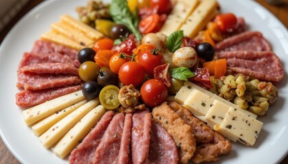 Artfully Arranged Charcuterie Platter with Cheeses, Meats, Vegetables, and Fresh Herbs