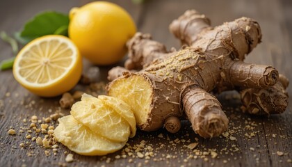 Fresh Ginger Root and Lemon Slices on Wooden Table with Natural Lighting and Food Styling