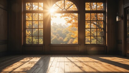 Sunlight Streaming Through Large Windows in a Room Surrounded by Autumn Foliage