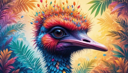 Close-Up Portrait of a Vibrant Colorful Bird in a Tropical Landscape with Surreal Details