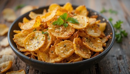 Bowl of Crispy Golden Potato Chips Garnished with Fresh Cilantro on Rustic Wooden Table