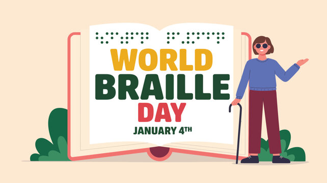 World braille day illustration with braille book typography and person character promoting accessibility inclusion education and awareness - Powered by Adobe