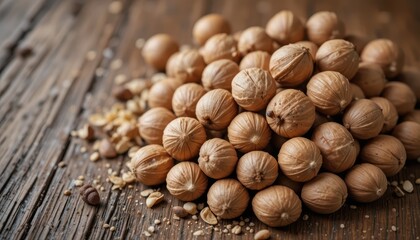 Heap of Raw Nuts on Rustic Wooden Surface Showcasing Natural Texture and Ingredients