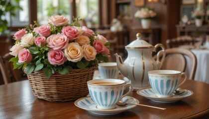 Elegant Arrangement of Pastel Roses with Teapot and Fine Cups on Wooden Table in Cozy Cafe Setting