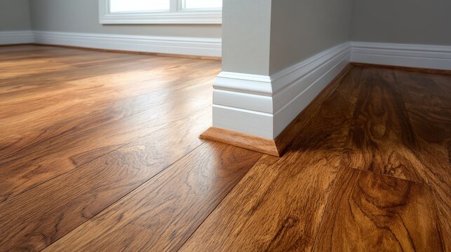 Newly installed brown wood laminate flooring with white baseboard and corner wall detail in a modern house interior