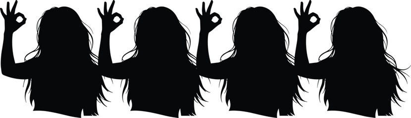 Silhouette of woman making repeated OK hand gesture, symbolizing approval, positivity, and expressive communication in graphic illustration