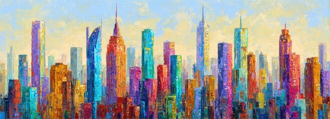 A vibrant, impressionistic painting of a city skyline, featuring colorful skyscrapers under a light sky