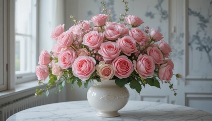 Luxurious Pink Roses Bouquet in Elegant Vase on Table Against Soft Decorative Background