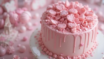 Delicious Pink Heart Decorated Cake with Sweet Frosting and Whimsical Touches for Celebration
