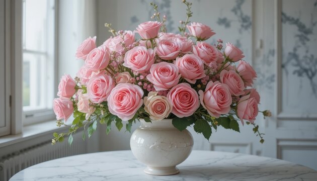 Luxurious Pink Roses Bouquet in Elegant Vase on Table Against Soft Decorative Background