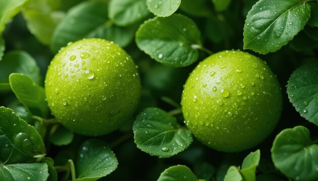 Close-Up of Fresh Green Limes Resting Among Vibrant Leaves with Water Droplets