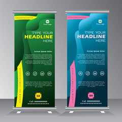 Roll up banner template design for  business, modern x-banner with green and blue, Bussiness standees banner advertising. roll up vector banner template illustration