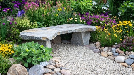 Rustic garden seating corner with a stone bench nestled among a variety of flowering plants a small path made of pebbles leading to the spot perfect for reading or enjoying nature