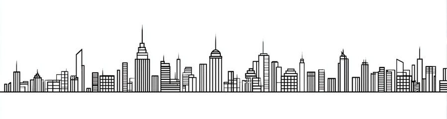 Fototapeta premium A monochrome illustration presents a stylized cityscape silhouette with diverse building forms