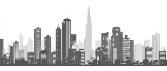 Fototapeta premium Monochrome urban skyline silhouette featuring varying heights of buildings against a bright white sky