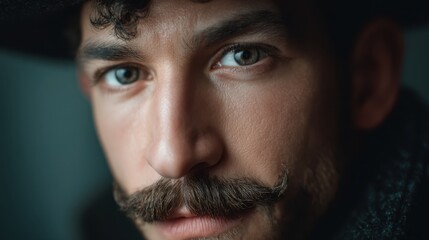 Close up portrait of a man with a mustache and a hat looking intently. Vintage style male face for historical or detective themes.