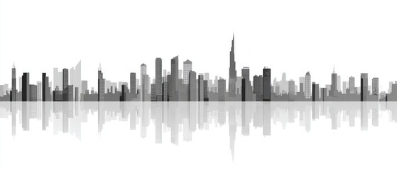Fototapeta premium Black and white silhouette of city skyline reflected in water against a bright white background
