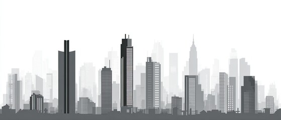 Fototapeta premium A grayscale illustration of a city skyline with various high-rise buildings against a white background