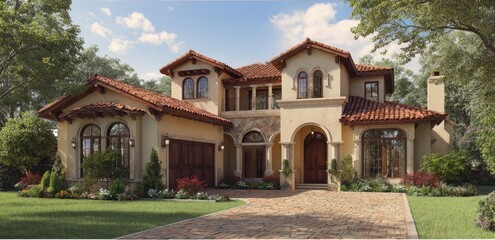 Obraz premium A large, elegant two-story Mediterranean-style home with red tile roof, arches, and a paved driveway