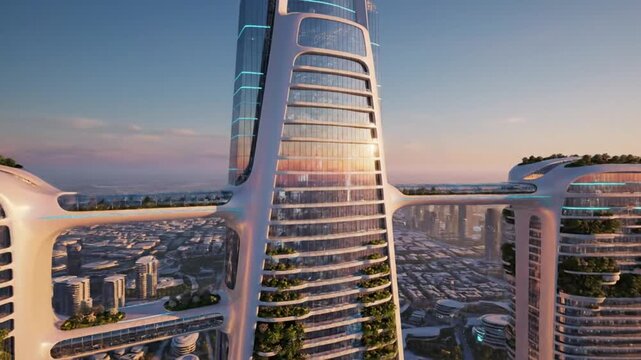 Futuristic Modern Architecture Skyline with Towering Eco-Friendly Buildings and Connecting Sky Bridges in Sunset Light