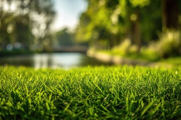 Close-up of green grass with a blurred background showing a waterway and trees in sunlight