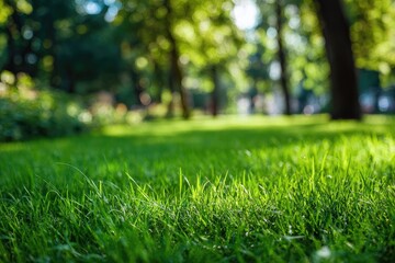 Close-up of lush green grass with blurred background of trees in a sunlit park setting