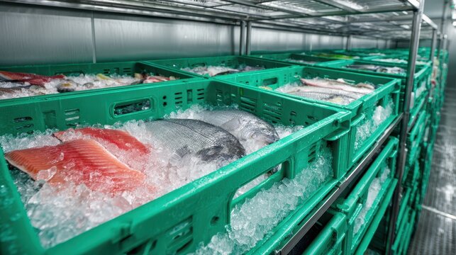 Assorted fresh fish and salmon fillets packed in ice inside green plastic crates in a commercial cold storage facility