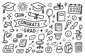 Hand-drawn doodle vector set of graduation party doodles including caps, diplomas, banners, and festive celebration elements created in a fun style, isolated on white background © Creative Lab