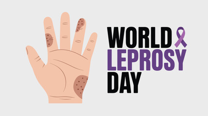 world leprosy day awareness illustration with human hand showing skin symptoms and purple ribbon promoting health, care and global awareness