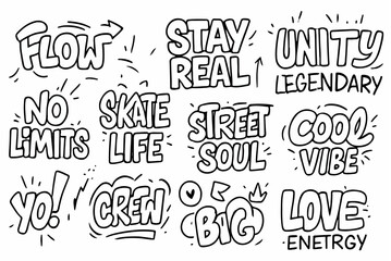 Obraz premium Hand-drawn doodle vector set of graffiti lettering words, street tags, and short phrases including urban style typography and bold expressive elements isolated on white background